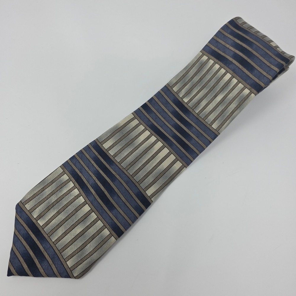Ziggurat Mulberry Neckwear Tie Mens OS Blue Grey Gold Striped Geometric Silk USA